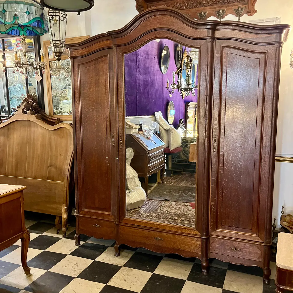 Sizable Antique Oak Wardrobe With Mirror 1