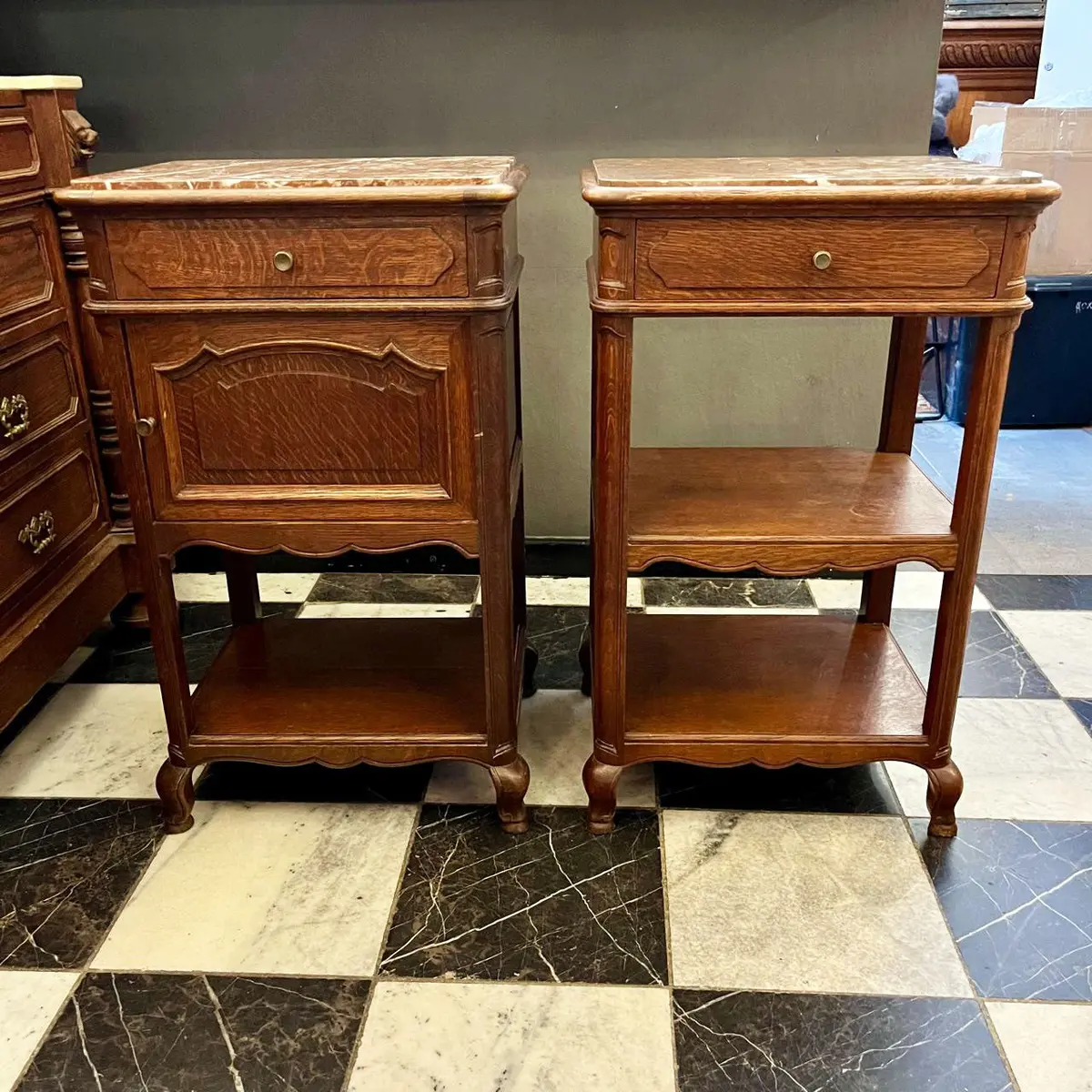 Antique Louis The 15Th Oak Bedside Pedestals With Marble Top - Sold 1
