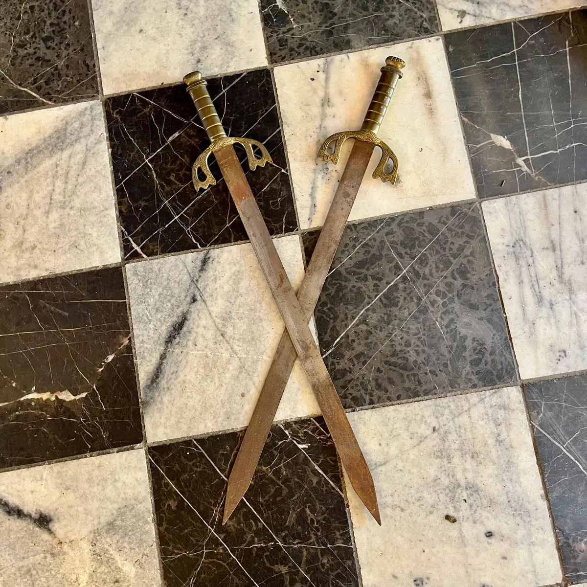 Pair Of Antique Decorative Swords – Brass Hilts With Ornate Guards 1