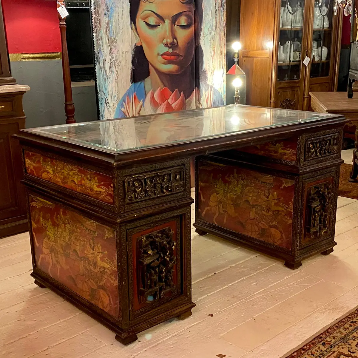 Carved Wood Indonesian Partners Desk With Beveled Glass Top - Sold 1