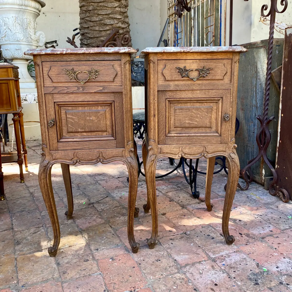 Pretty Antique Bedside Pedestals With Mottled Marble Top - Sold 1