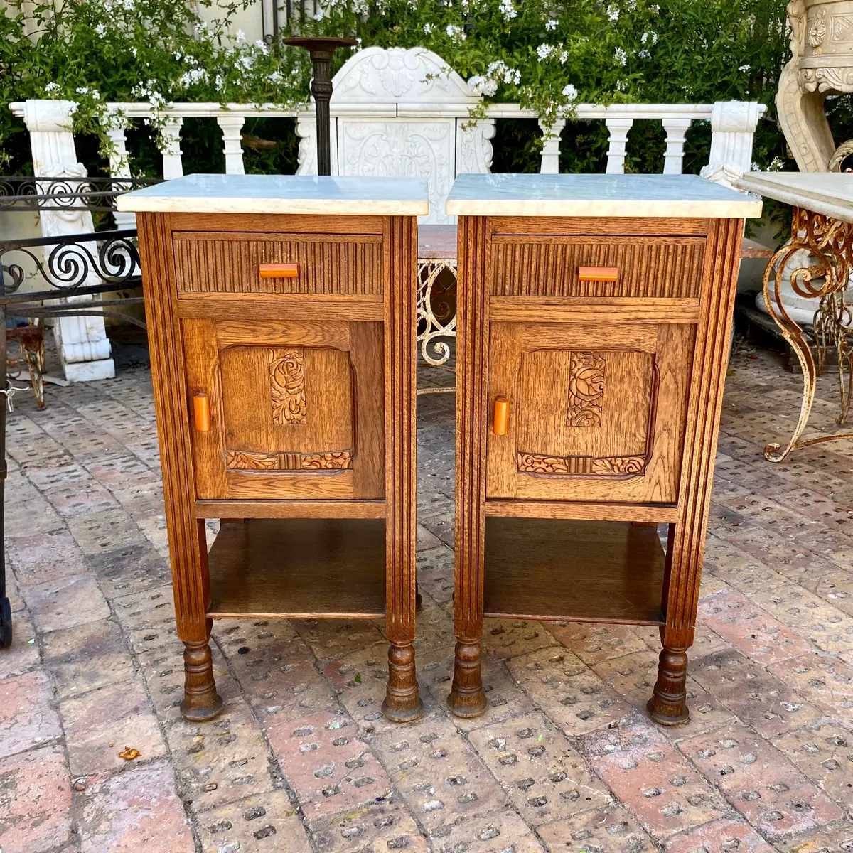 Antique Carved Oak Bedside Pedestals With Marble Top - Sold 1