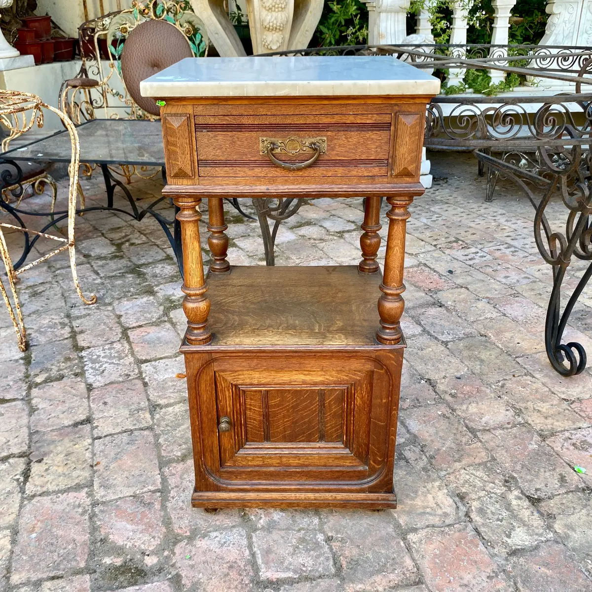Single Antique Oak Bedside Pedestal With Marble Top - Sold 1