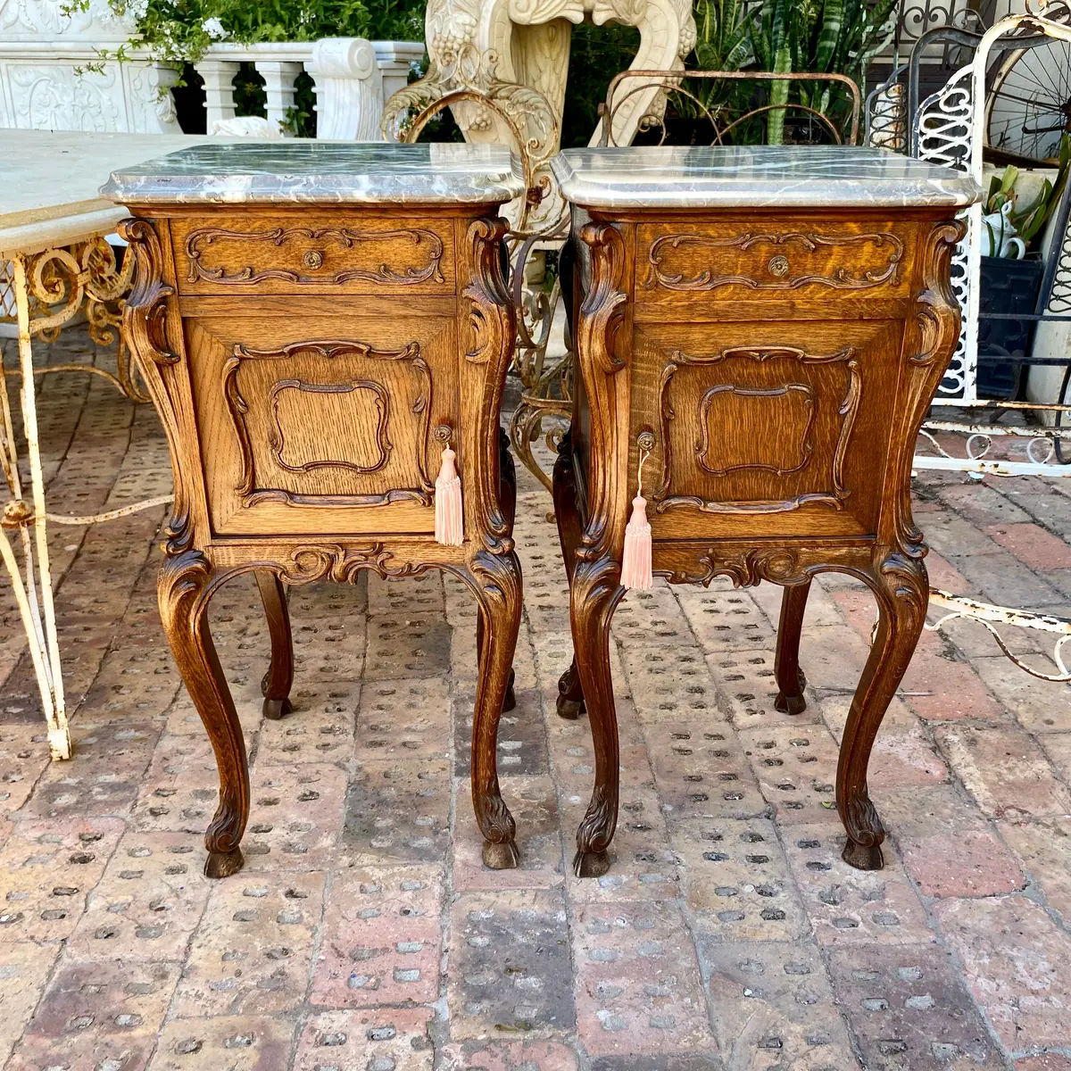 Pair Of Art Nouveau Oak Bedside Pedestals With Marble Top - Sold 1