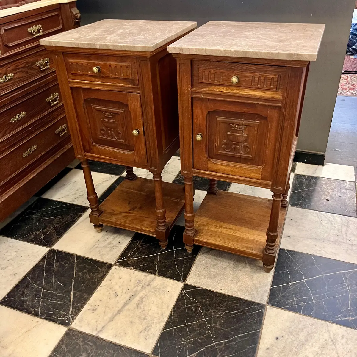 Pair Of Antique French Oak Pedestal With Beige Marble - Sold 1