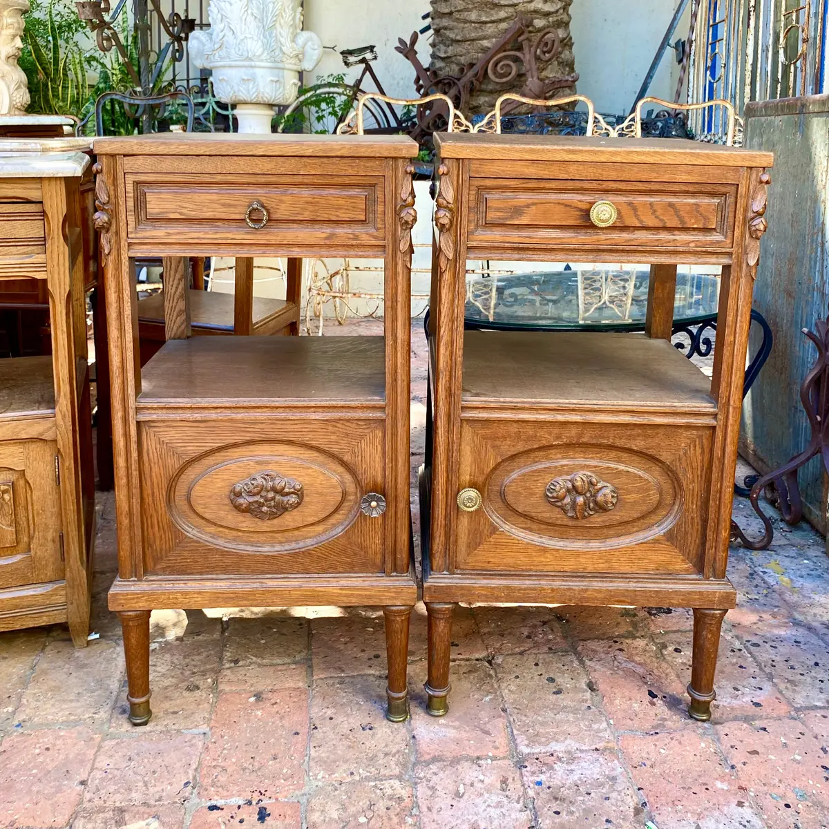 Elegant Pair Of Antique Carved Oak Bedside Pedestals - Sold 1