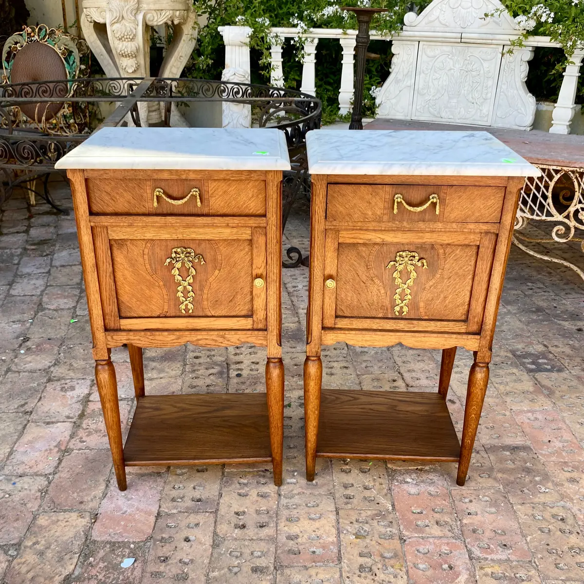 Gorgeous Pair Of Antique Oak Bedside Pedestals With Cast Brass Detailing - Sold 1