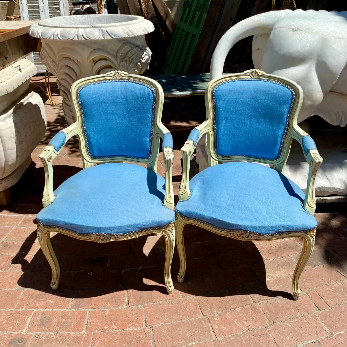 Pair Of Cream And Gilt Salon Chairs With Ocean Blue Upholstrey 1