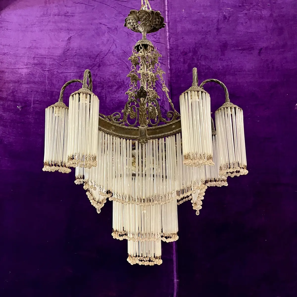 Large Tiered Brass And Glass Fringe Chandelier, C. 1910S–1920S - Sold 2