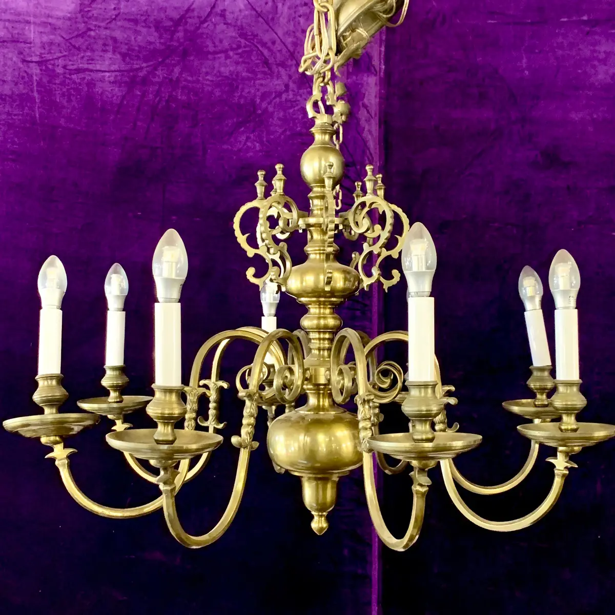 Antique Aged Ornate Brass Flemish Chandelier 1