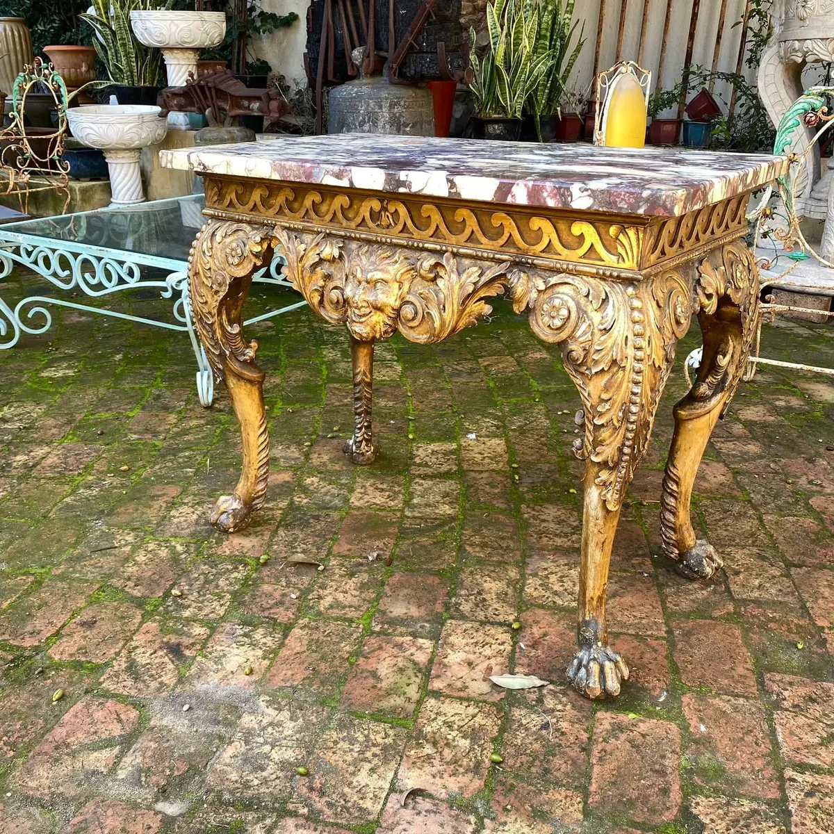 Antique Heavily Carved Gilded Console With Mottled Marble Top - Sold 1