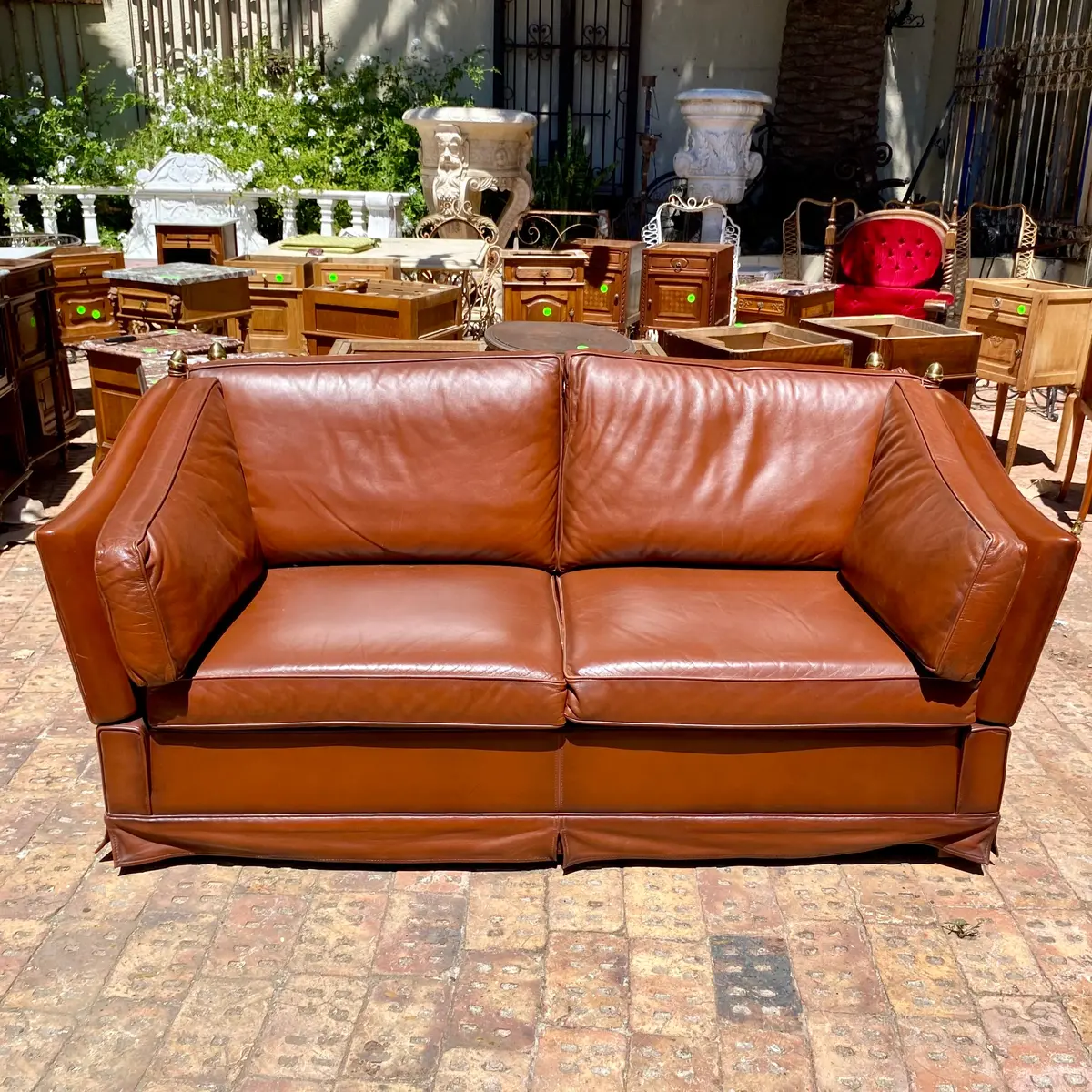 Antique Tan Leather Two Seater Sofa 1