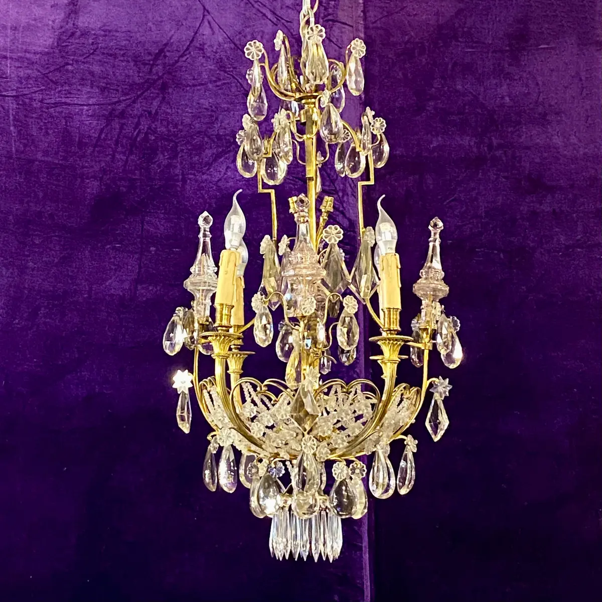 Stunning Brass Chandelier With Antique Drop Crystals 1