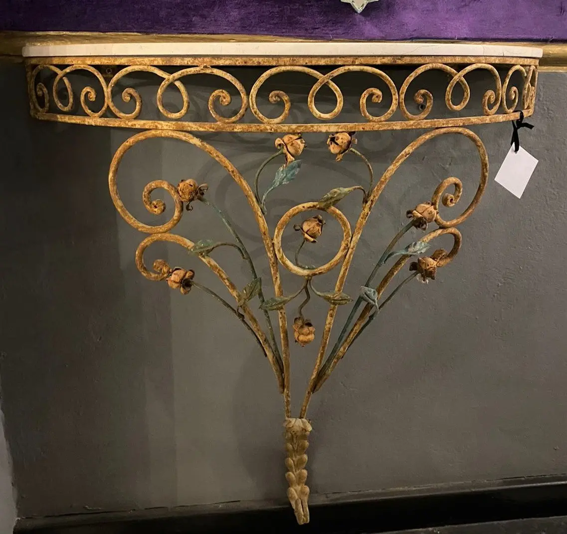 Distressed Wrought Iron Console With Marble Top - Sold 1