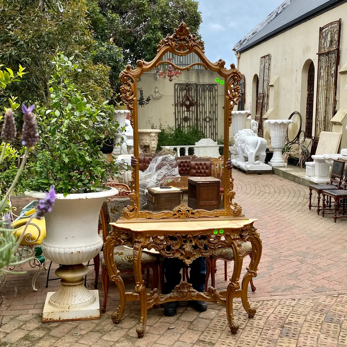 Antique Gilt Wood Mirror And Console Set With Marble Top 1