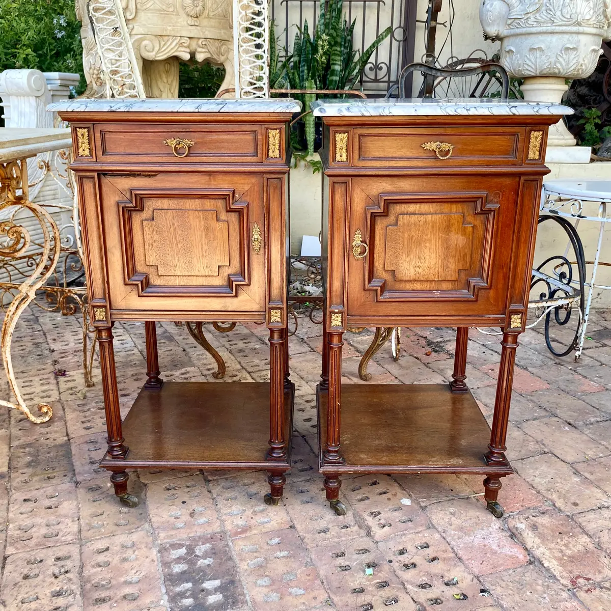 Empire Era Oak Bedside Pedestals With Marble Top - Sold 1