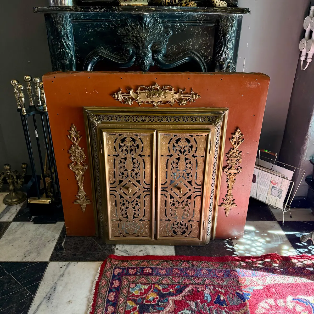 French Enamelled Metal Fireplace Surround With Brass Mounts, C. 1900 1