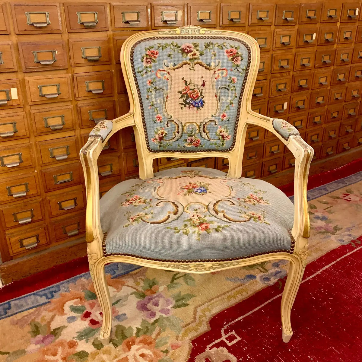 Stunning Antique Blue And Floral Needlepoint Armchair 1