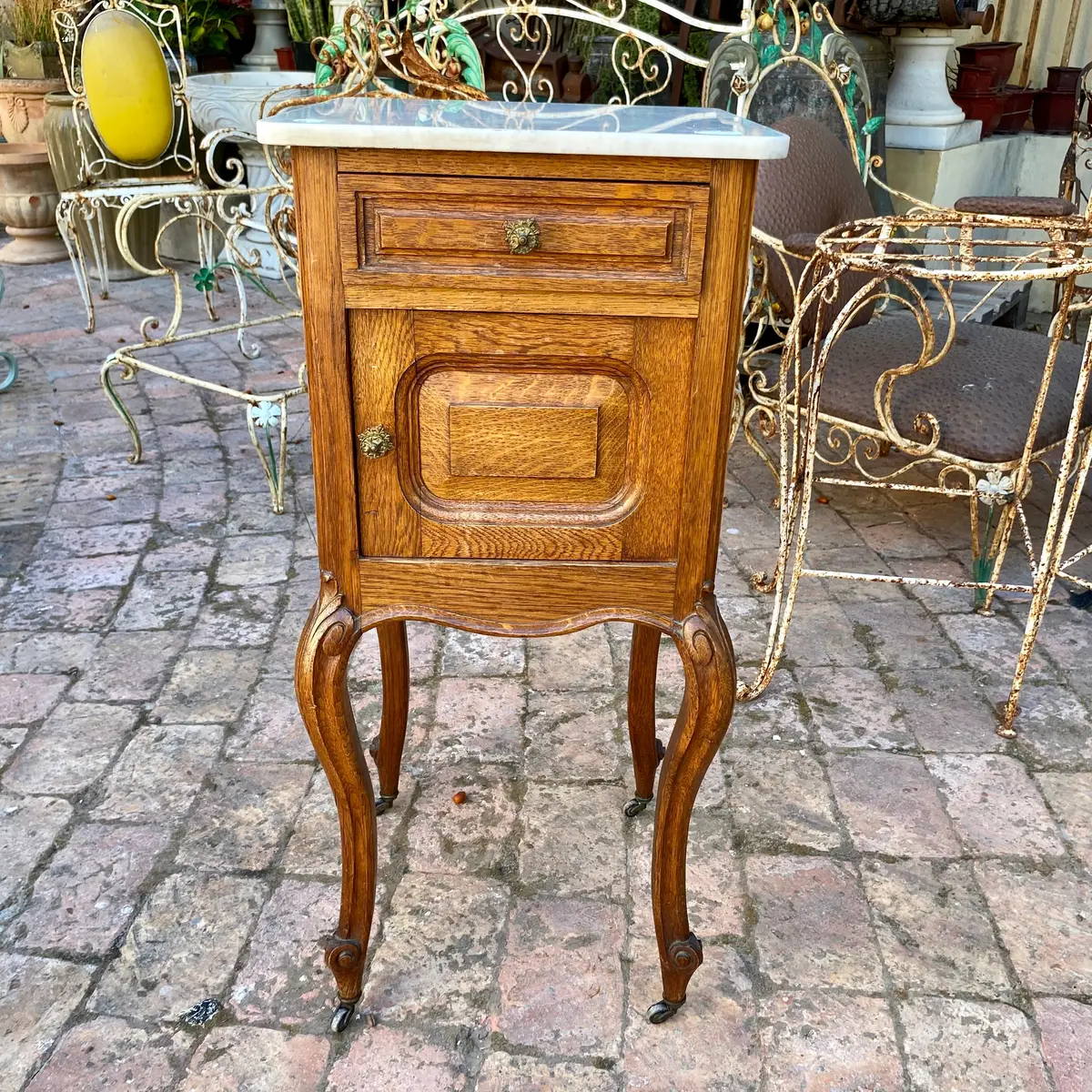 Single Antique Oak With Marble Top Bedside Pedestal - Sold 1