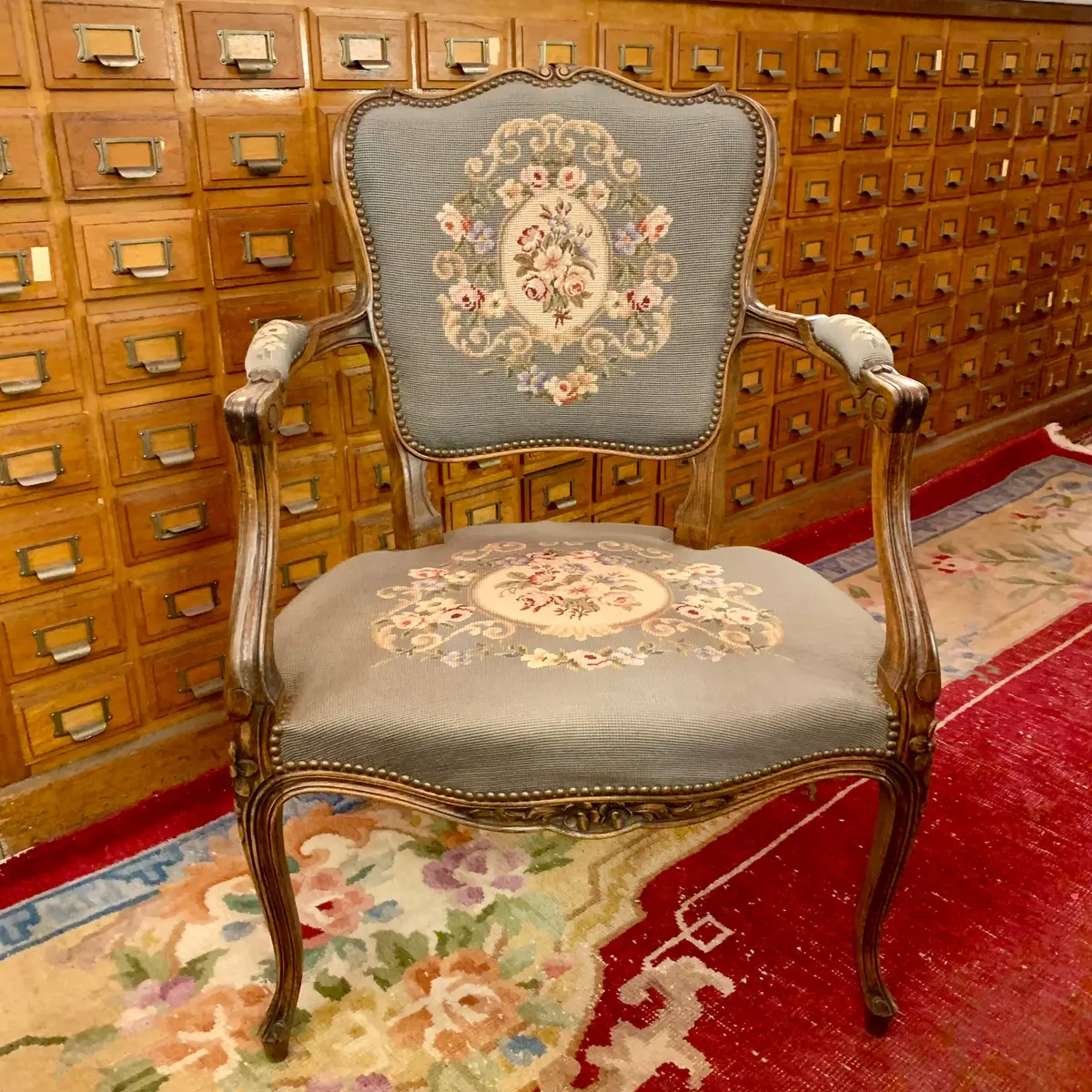 Pretty Pastel Floral Antique Oak Needlepoint Armchair - Sold 1