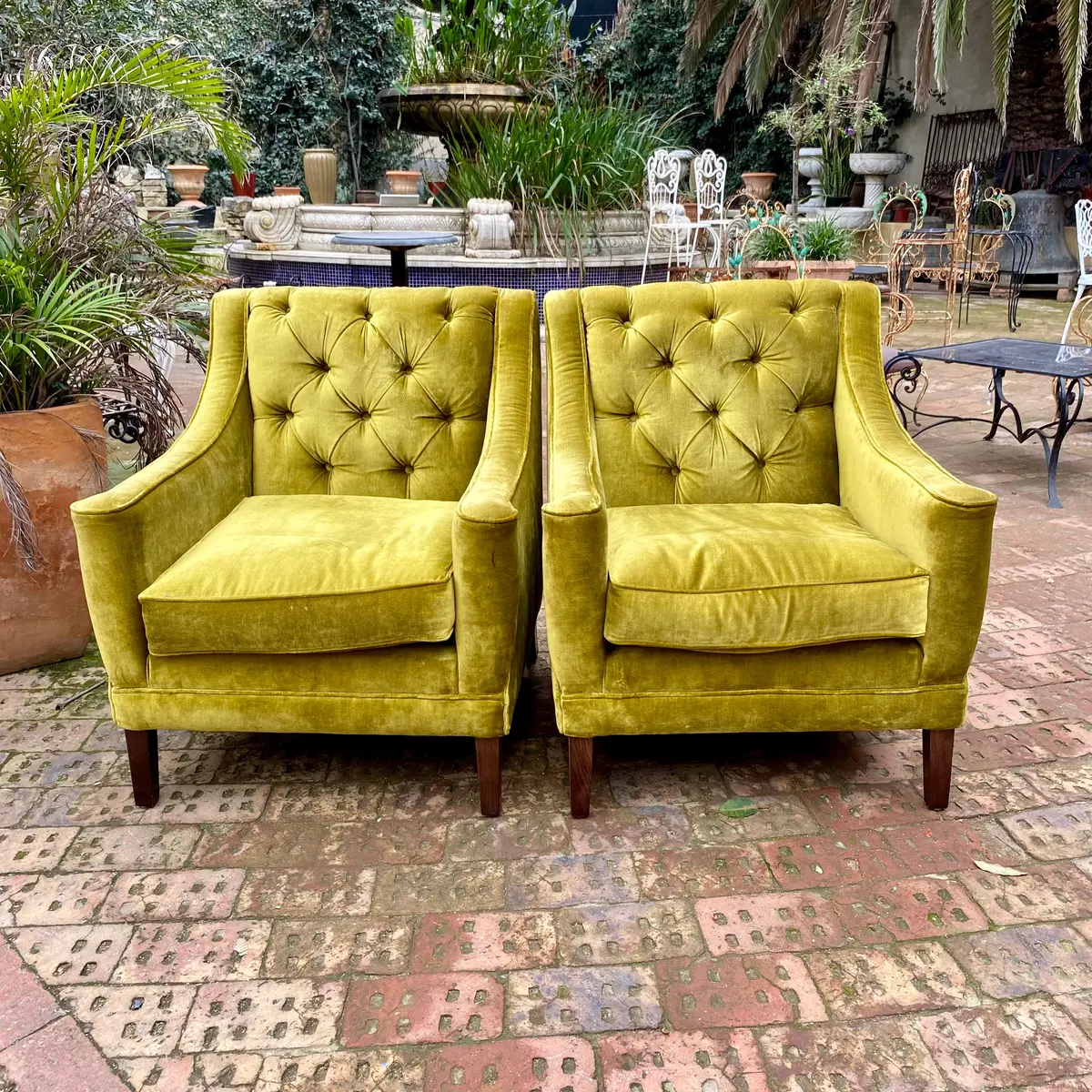 Pair Of Vintage Velvet Button Back Armchairs 1
