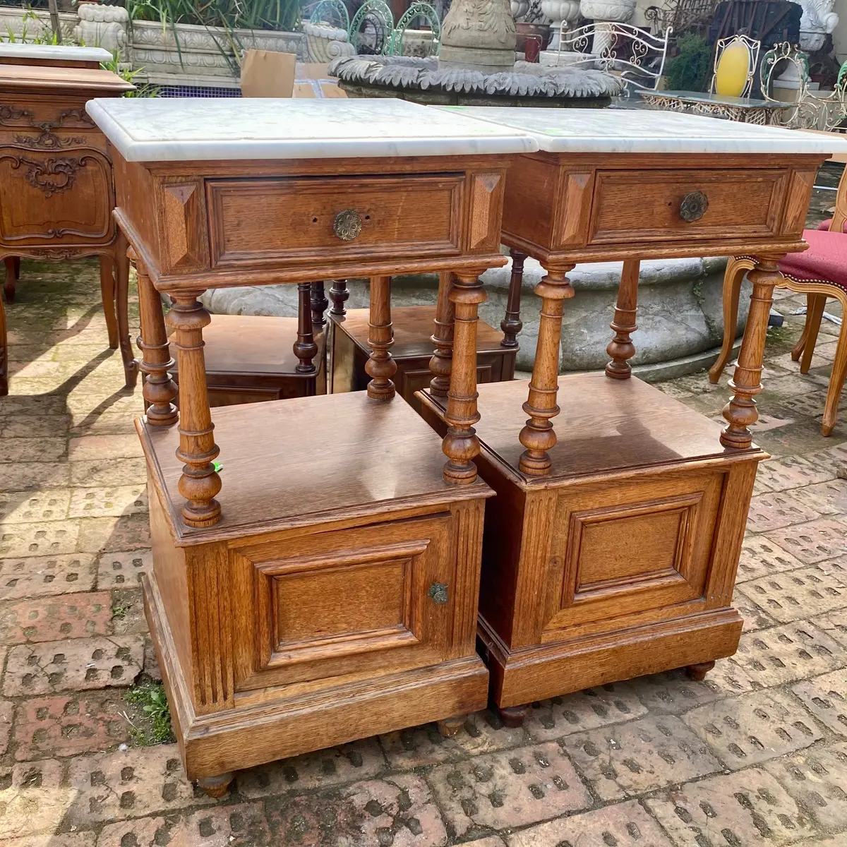 Antique Oak Bedside Pedestals With White Marble Top - Sold 1
