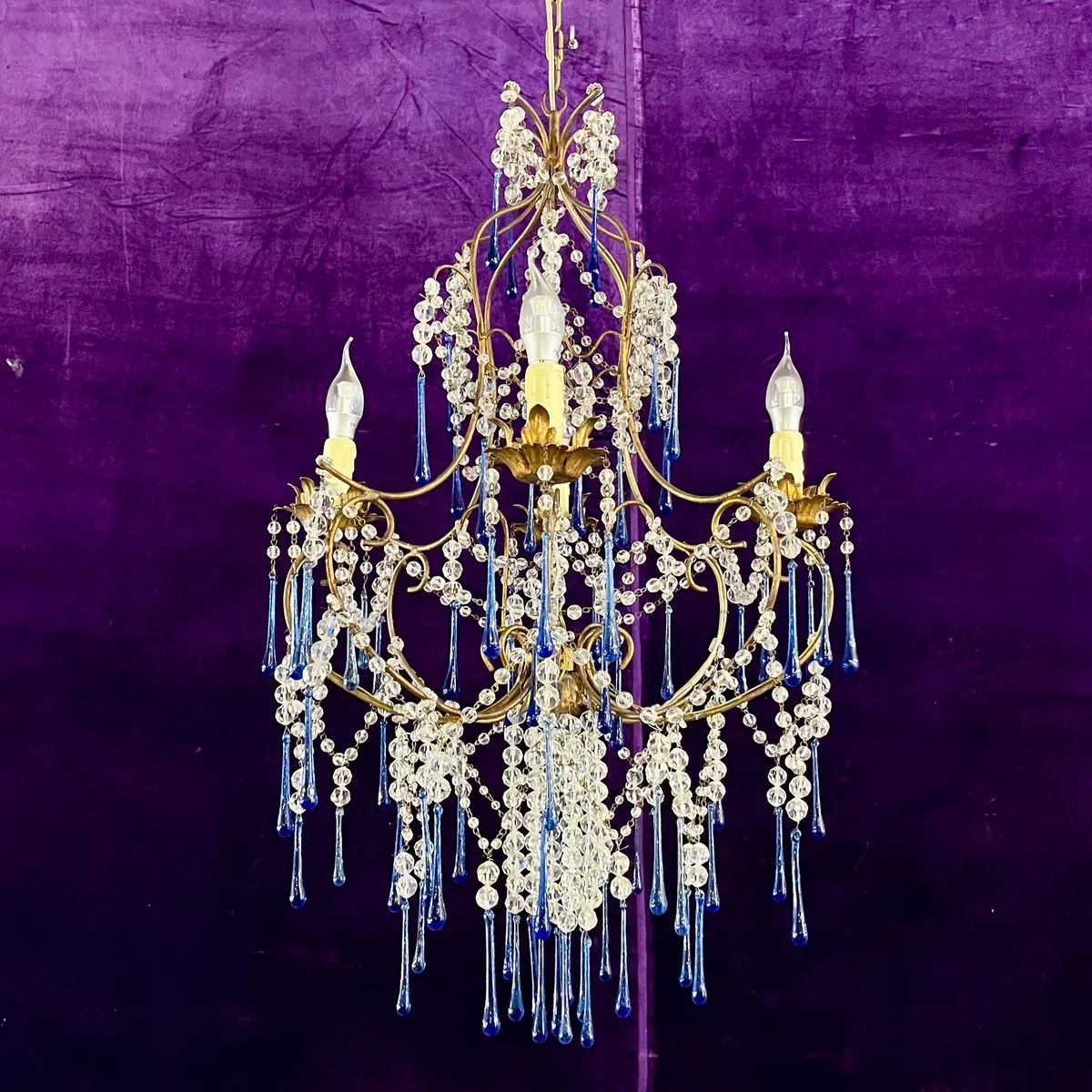Murano Chandelier With Cobalt Blue Glass Drops, C.1950S–60S 1