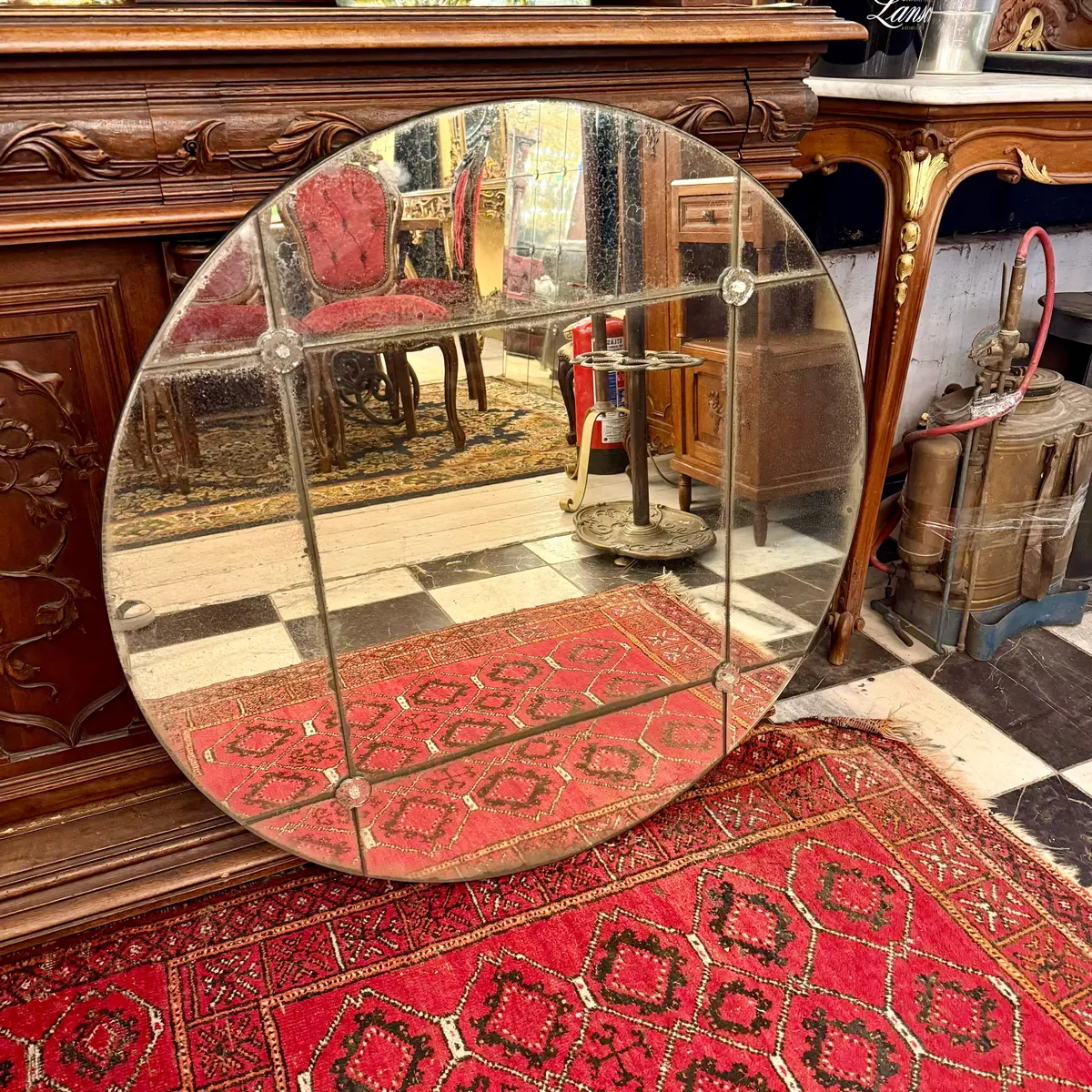 Aged Circle Panelled Mirror With Rosettes 1