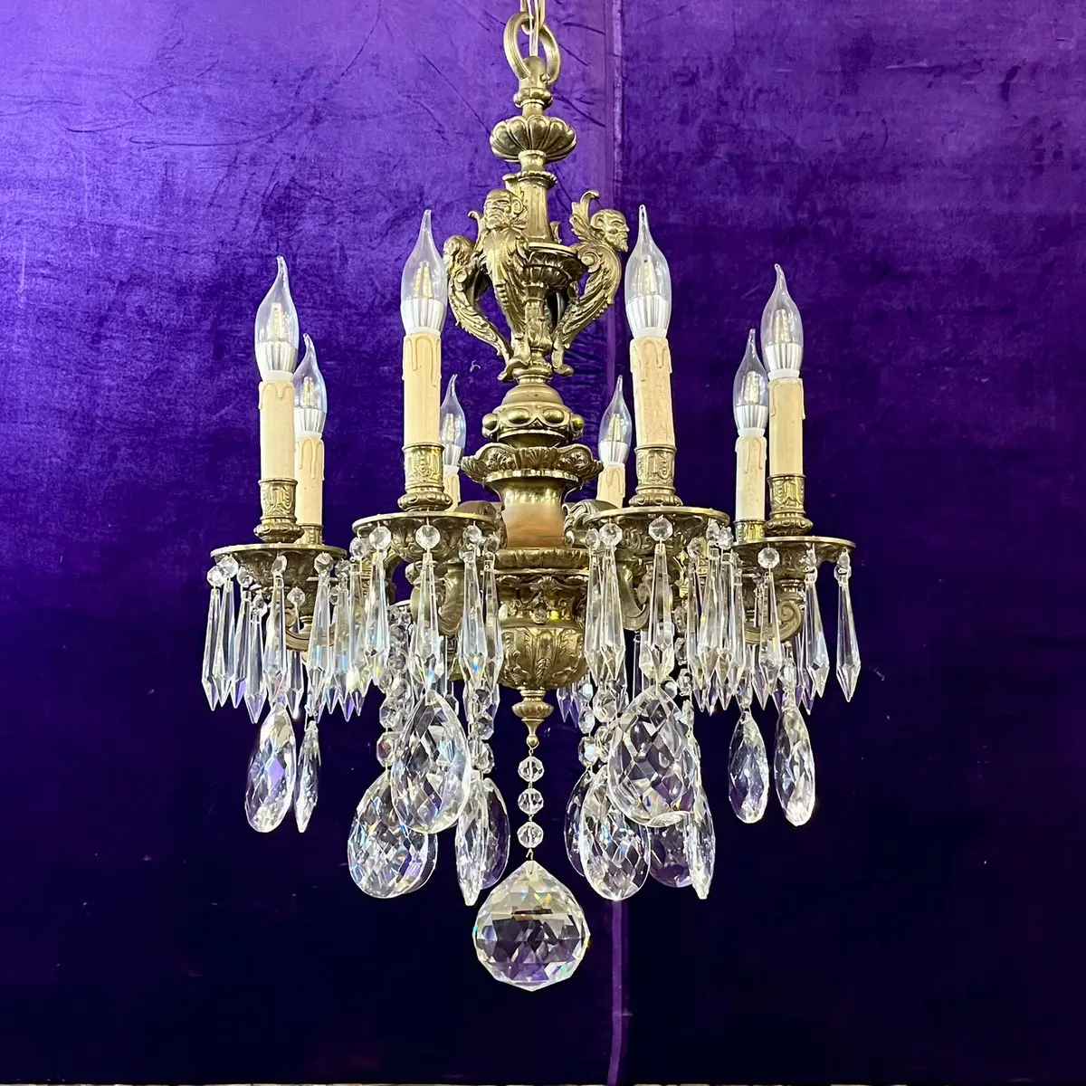 Mazarine Gilt Brass & Crystal Chandelier, C. 1900 - Sold 1