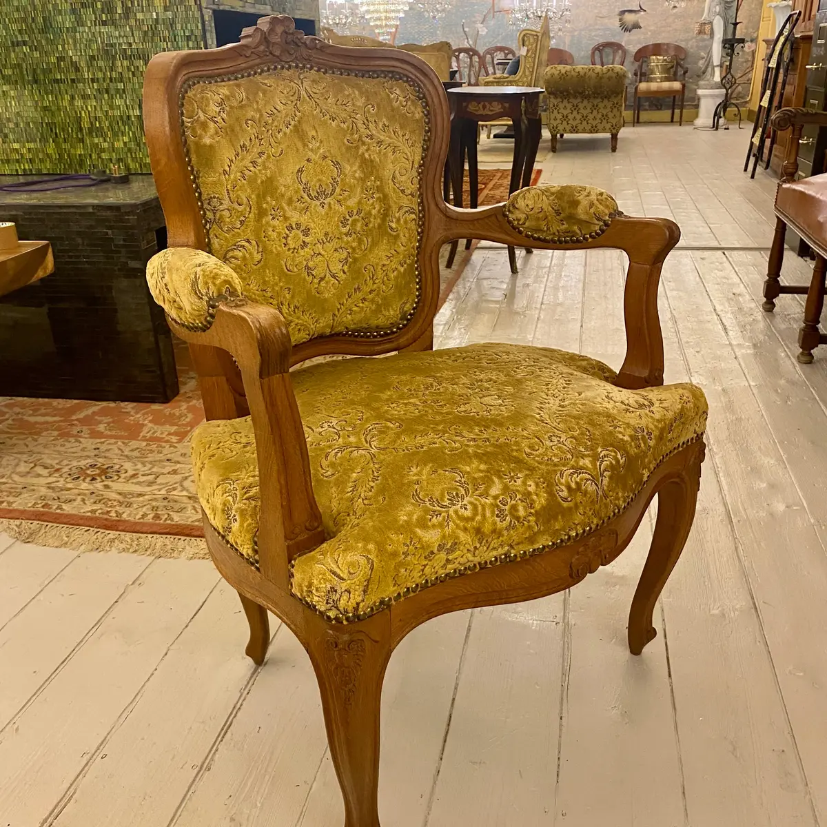 French Oak Upholstered Pair Of Armchairs 1
