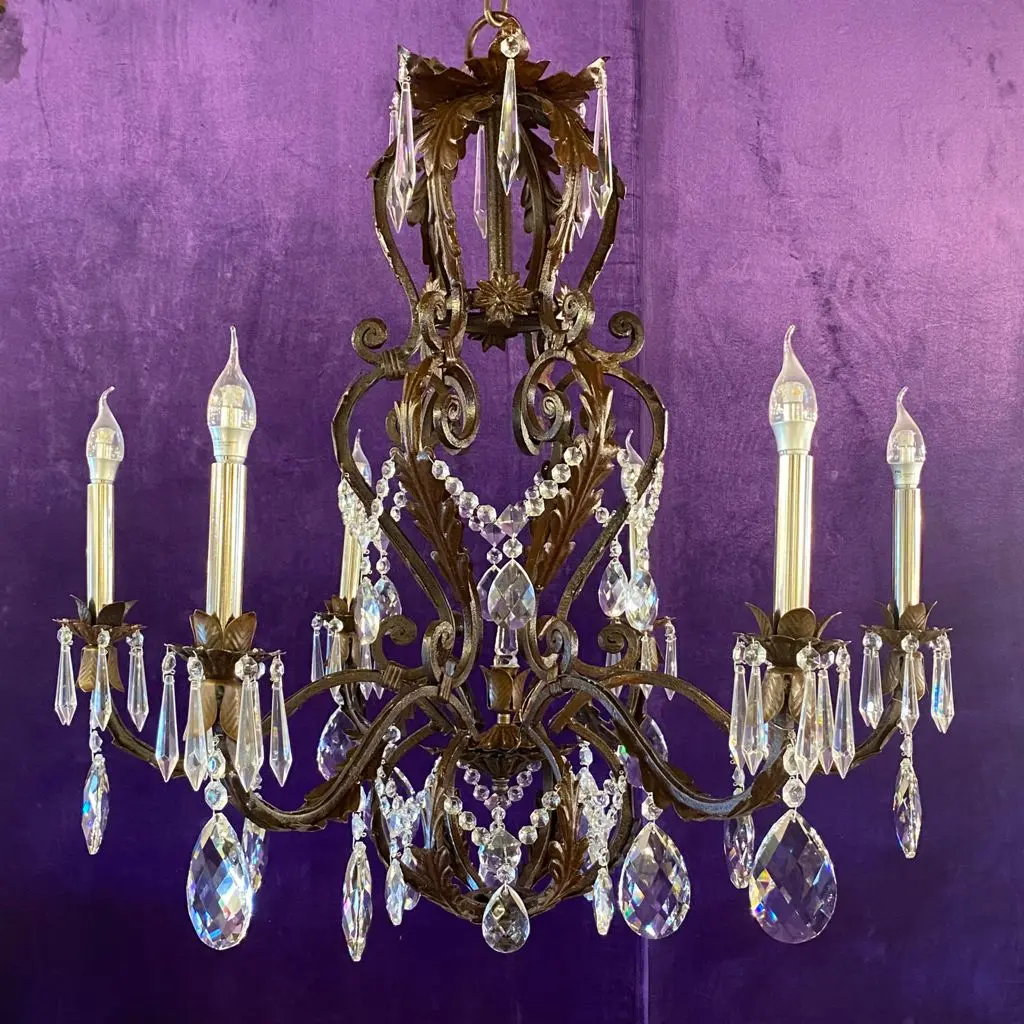 Vintage Wrought Iron And Crystal Chandelier 1