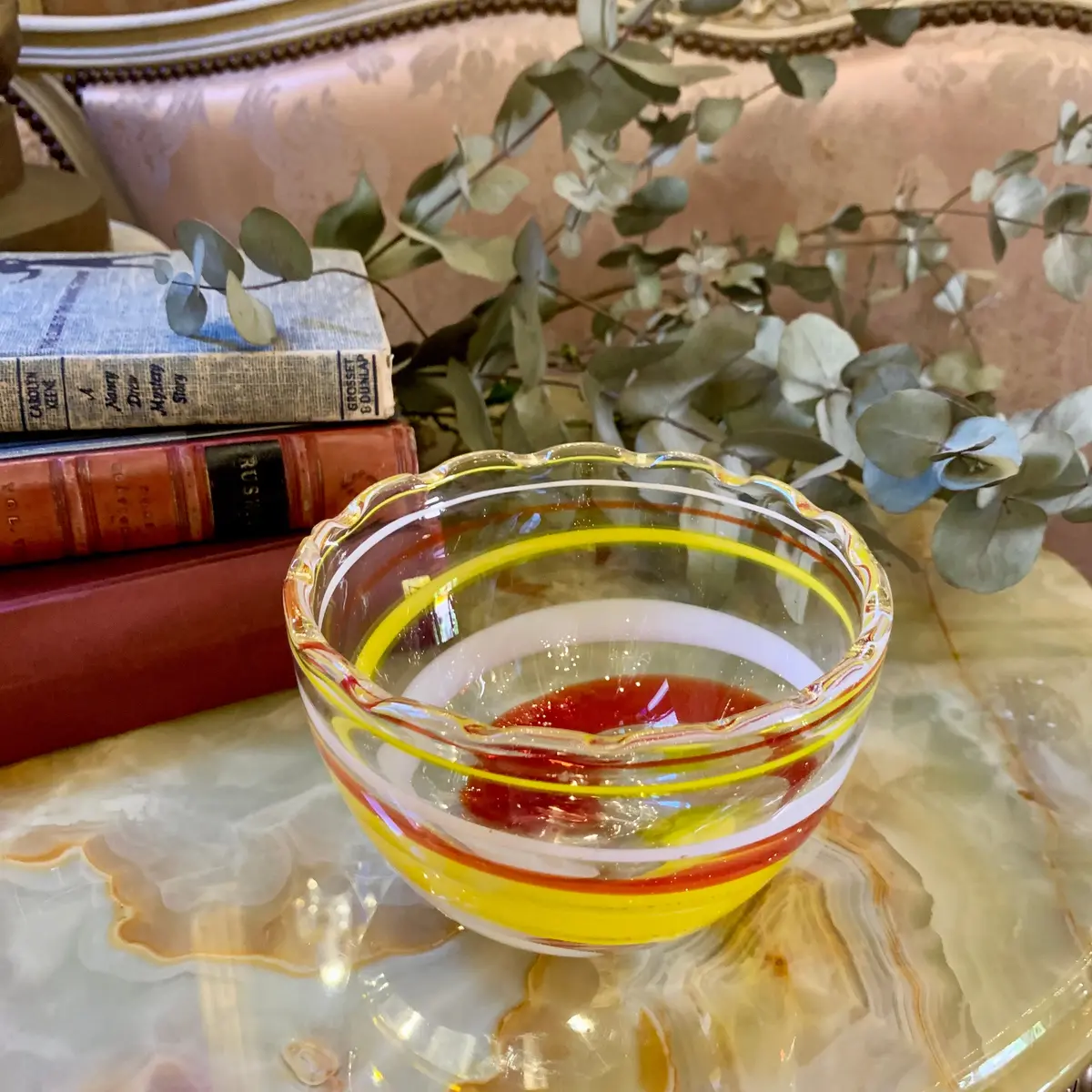 Vintage Orange Striped Clear Glass Bowl - Sold 1