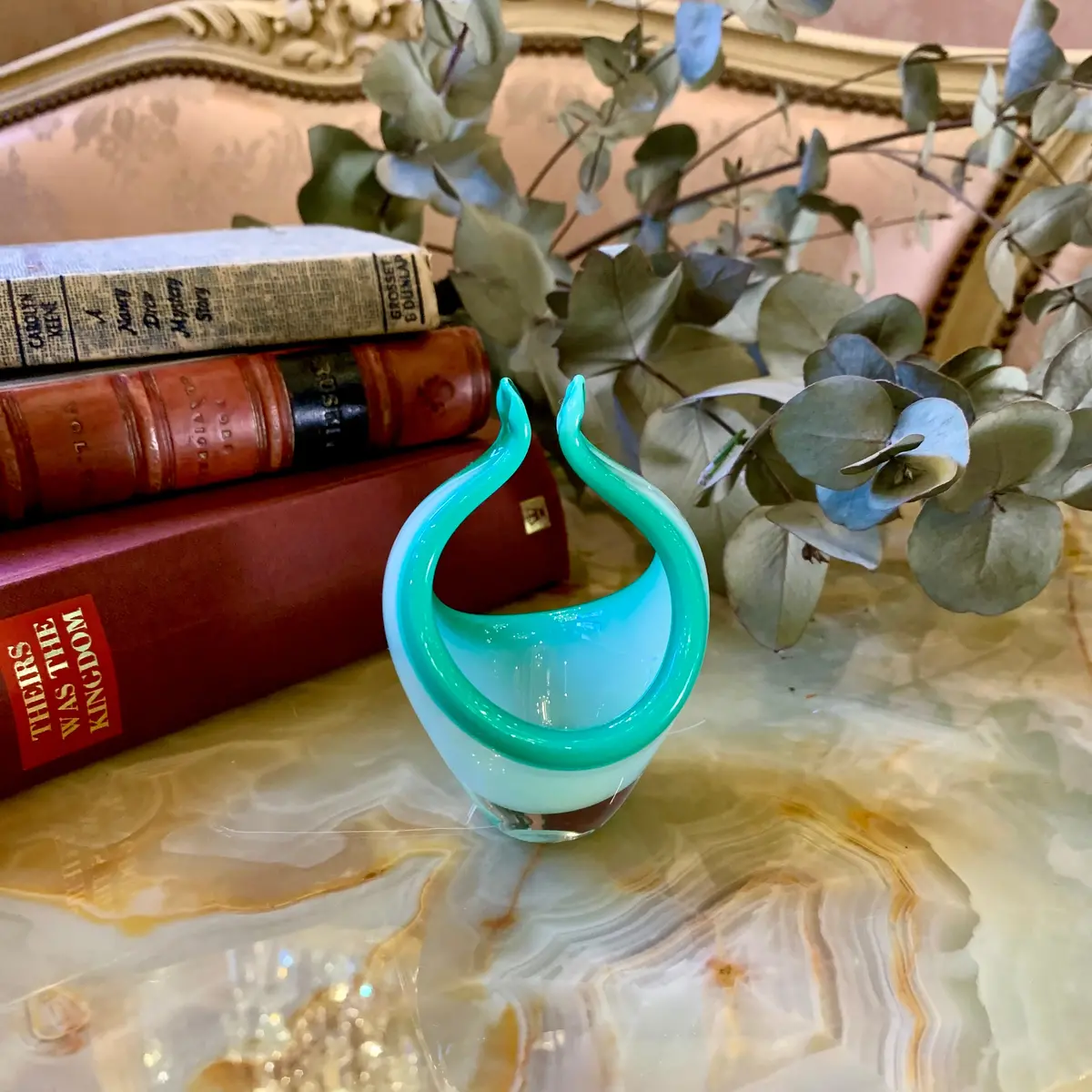 Petite And Sweet Turquoise Murano Basket 1