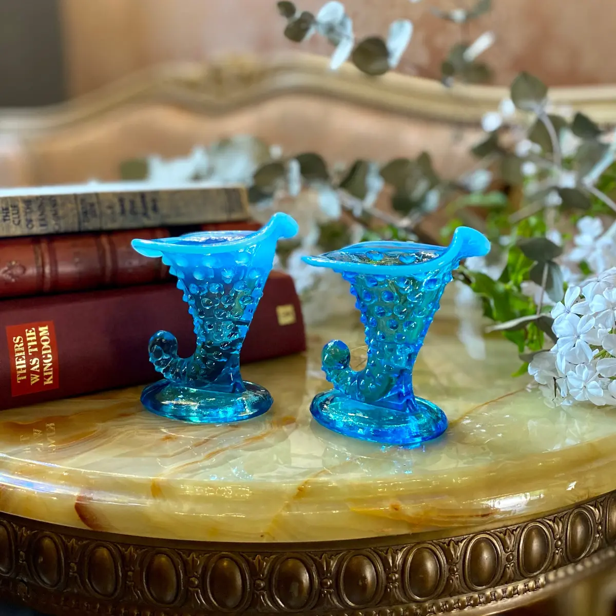 Pair Of Petite Vintage Ocean Blue Murano Vases 1