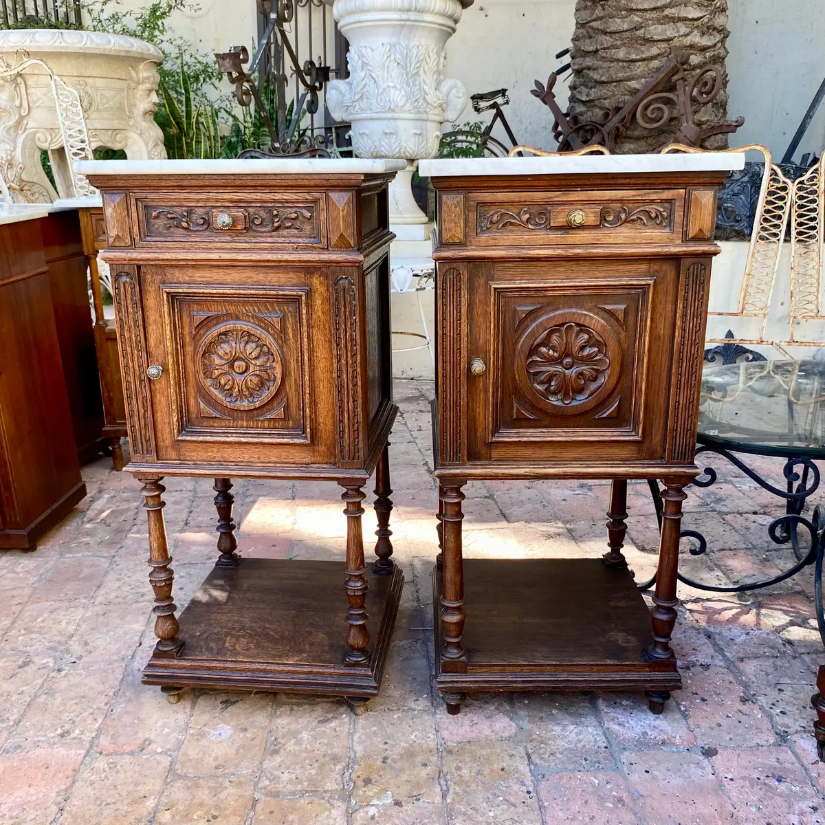 Art Nouveau Oak Bedside Pedestals With Marble Top - Sold 1