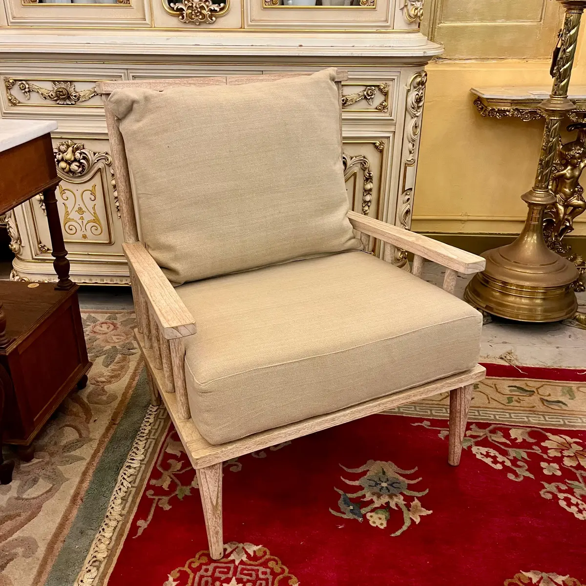 Whitewashed Wood Armchair With Linen Upholstery 1