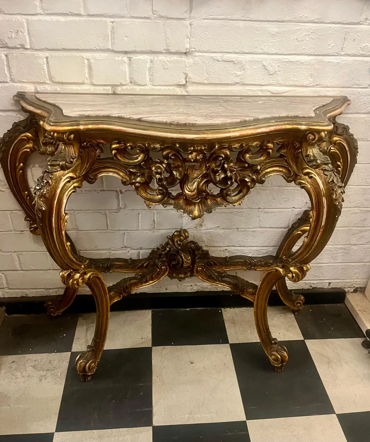 Beautiffuly Carved Gilt Console With Mottled Marble Top - Sold 1