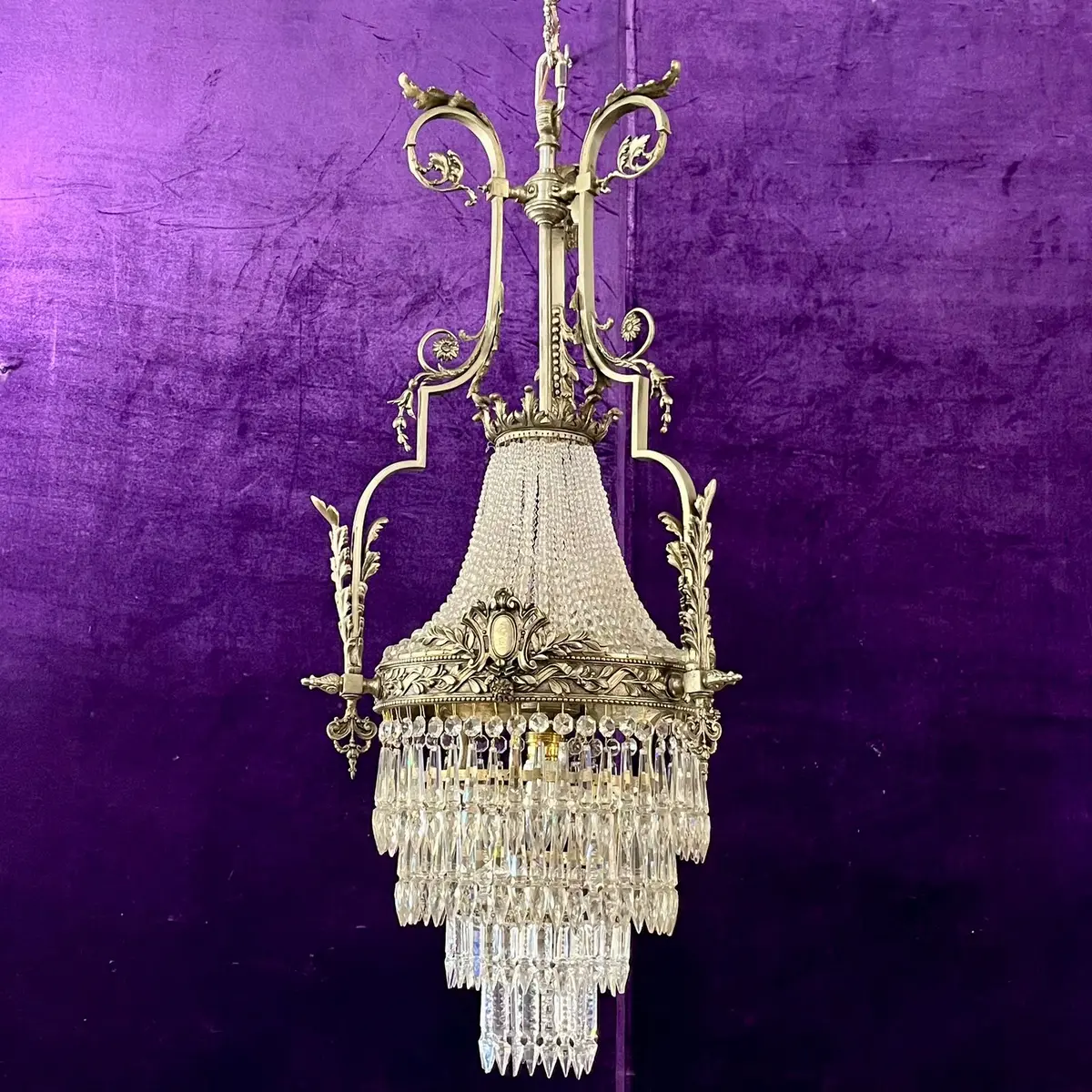 Antique Nickel-Plated Neoclassical Chandelier With Original Crystal 1