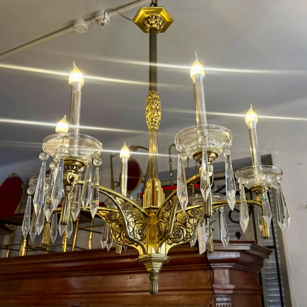 Gorgeous Gilt Brass Art Nouveau Chandelier With Spear Crystals 1