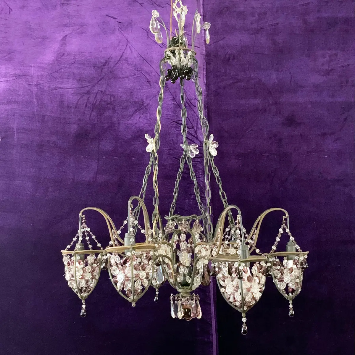 Charming Wrought Iron Chandelier With Purple Venetian Glass Crystals 1