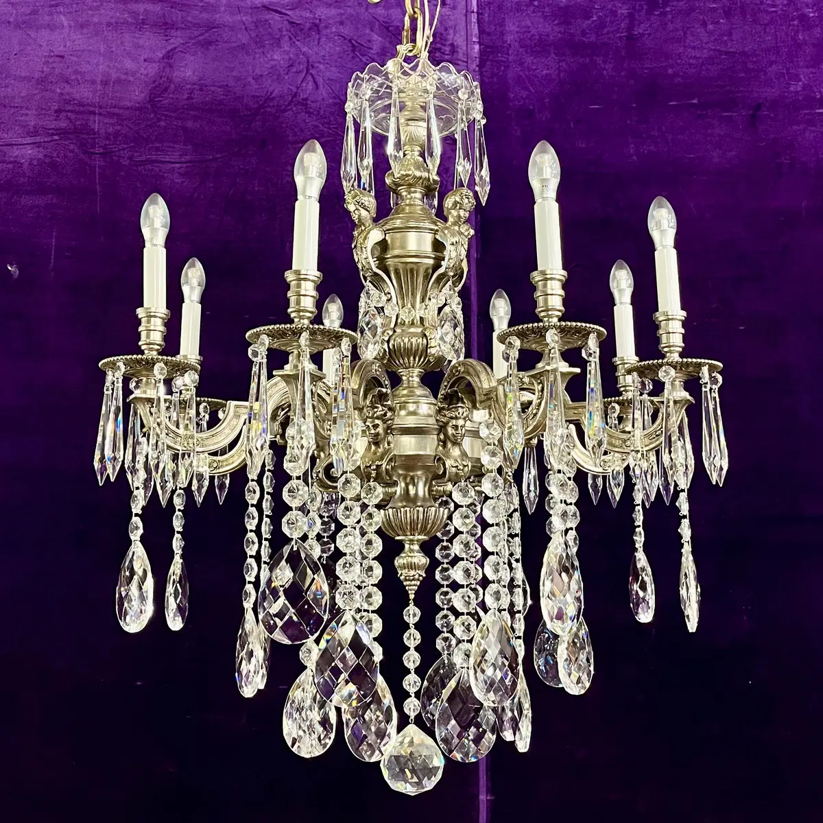 Antique Silvered Mazerine Chandelier With Large Crystal Drops 1