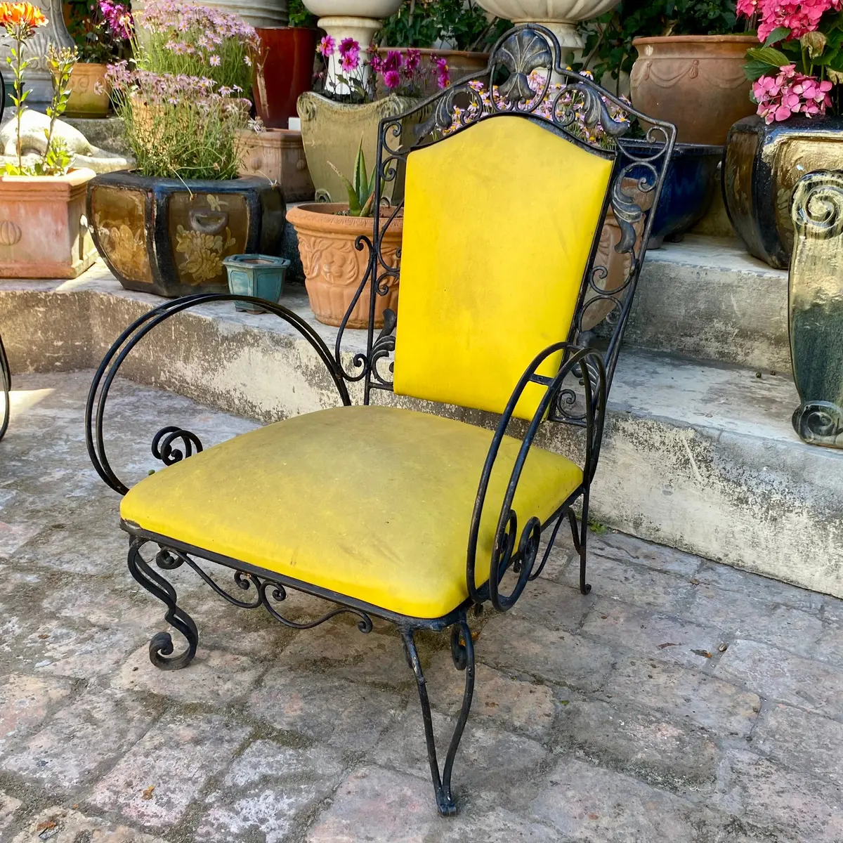 Rustic Wrought Iron Armchair With Yellow Upholstery 1