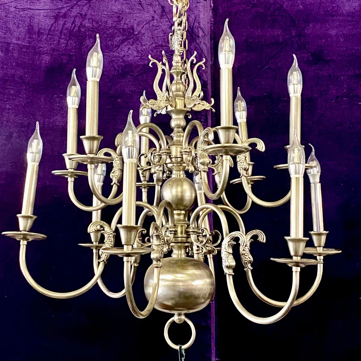 Impressive Double Tier Antique Flemish Chandelier In Aged Nickel Finish - Sold 1