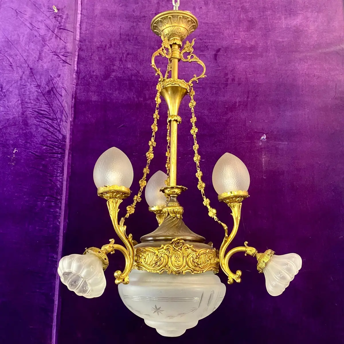 Antique Empire Chandelier With Frosted Etched Glass - Sold 1