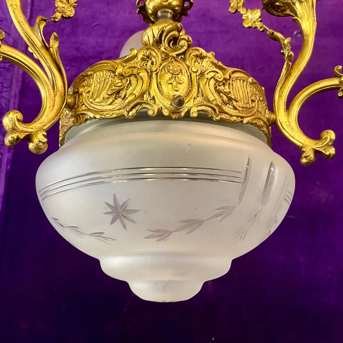 Antique Empire Chandelier With Frosted Etched Glass - Sold 2