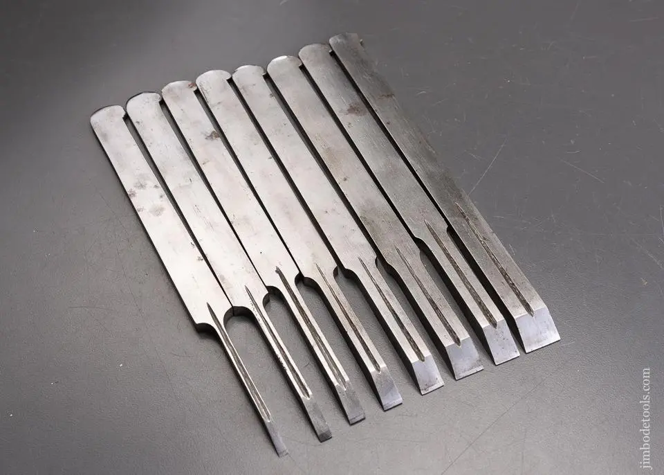 Full Set Of 8 Ohio Tool Co. Centerwheel Plow Plane Irons - 95647 1
