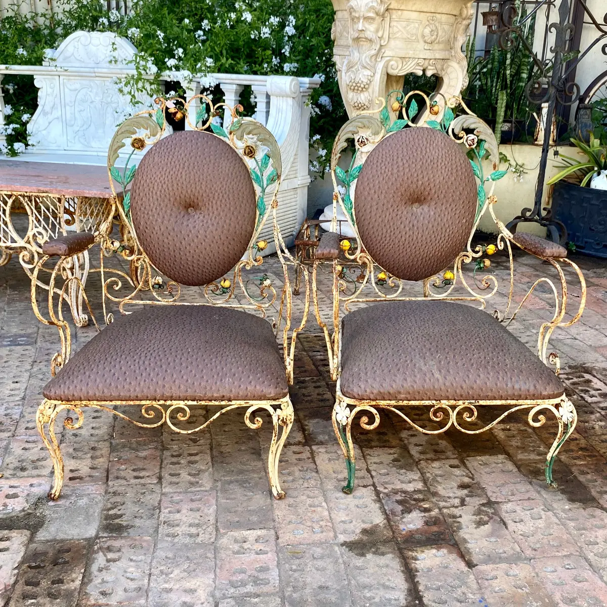 Rustic Wrought Iron Armchairs With Faux Ostrich Vinyl 1