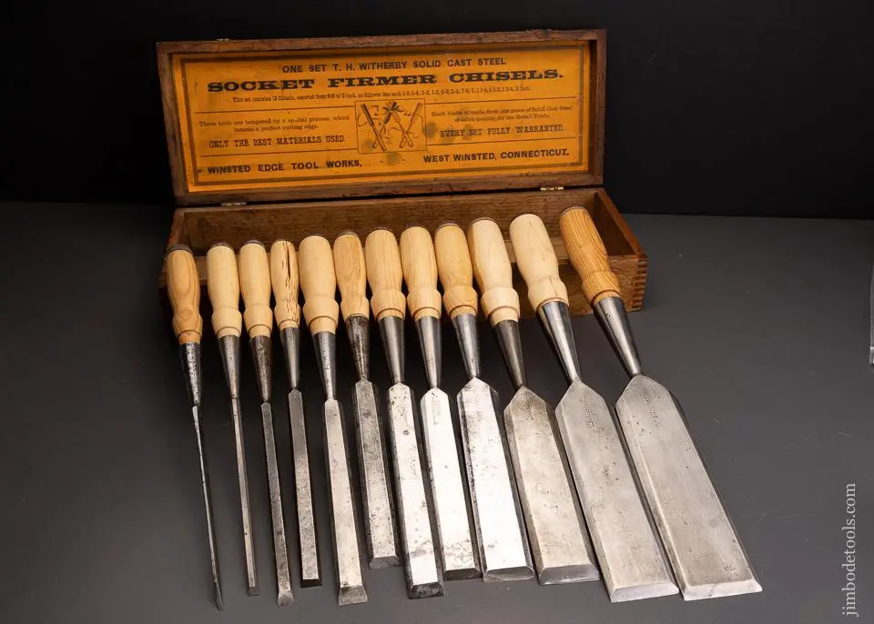 Complete Set Of 12 Fine T.H. Witherby Beveled Socket Firmer Chisels In Original Box - 96151 - As Of Dec 20 1