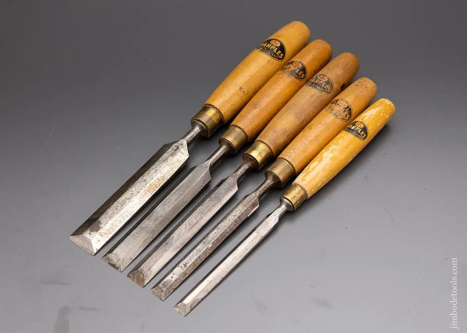 Excellent Set Of 5 Marples Boxwood Handled Bench Chisels With Decals - 96236 1
