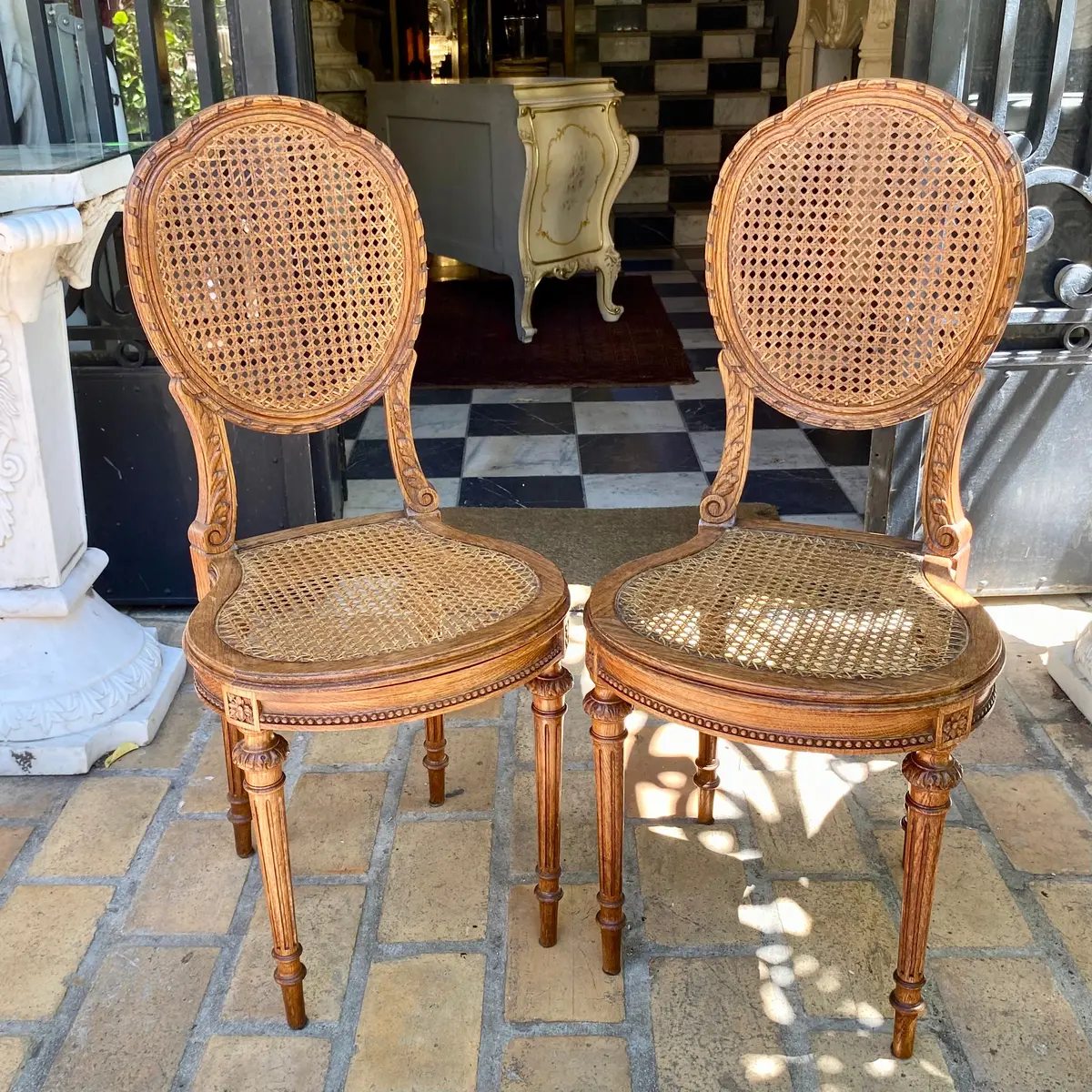 Pair Of Antique Carved Oak And Rattan Chairs - Sold 1